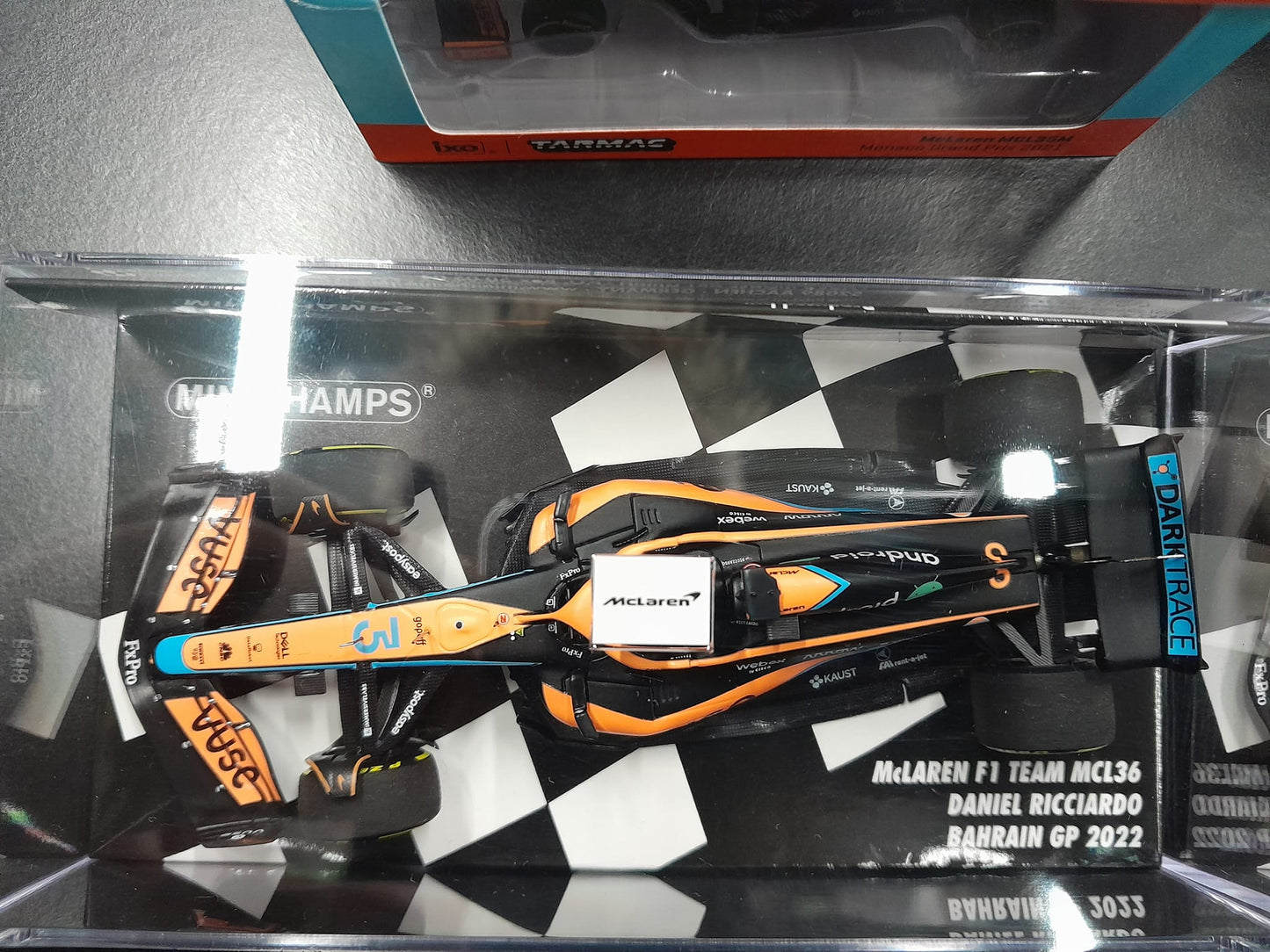 1/43 2022 Ricciardo McLaren MCL36 #3 Bahrain GP with full "Vuse" sponsorship by Minichamps.